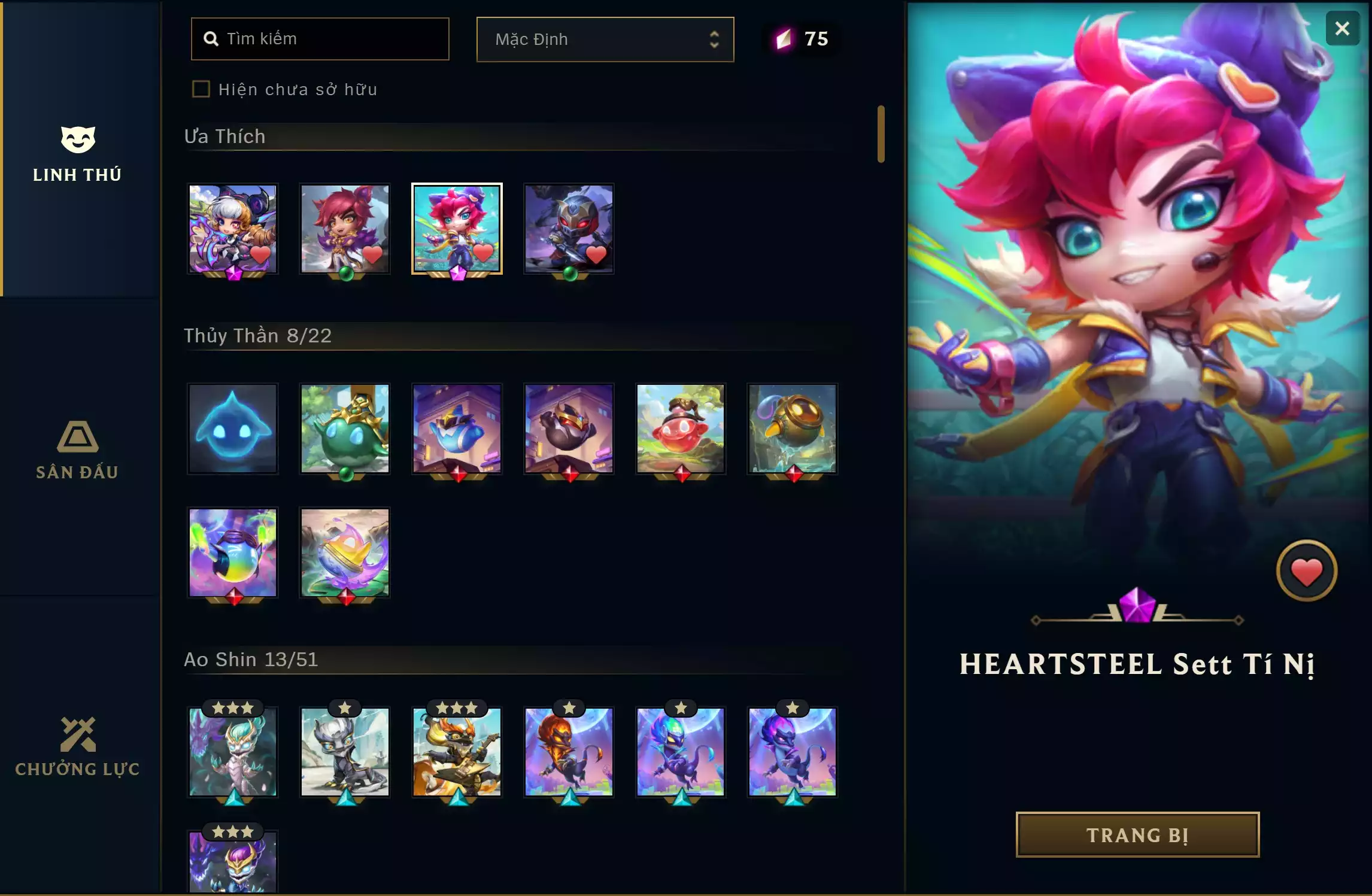 Ảnh 🔰 2 PET TÍM 🔰 2 SÀN TÍM 🔰 2 TÍ NỊ ✅ GWEN TỬ CHỈ DƯƠNG KHÍ TÍ NỊ ✅ HEARTSTEAL SETT TÍ NỊ ✅ SET TÍ NỊ ✅ ZED TÍ NỊ ▶ SÀN - THÁNH ĐỊA THẦN LONG ▶ SÀN - K/DA TẠI ĐỒNG QUY GIỚI 🍁 UNRANK🍁 CÓ THẺ ĐỔI TÊN INGAME